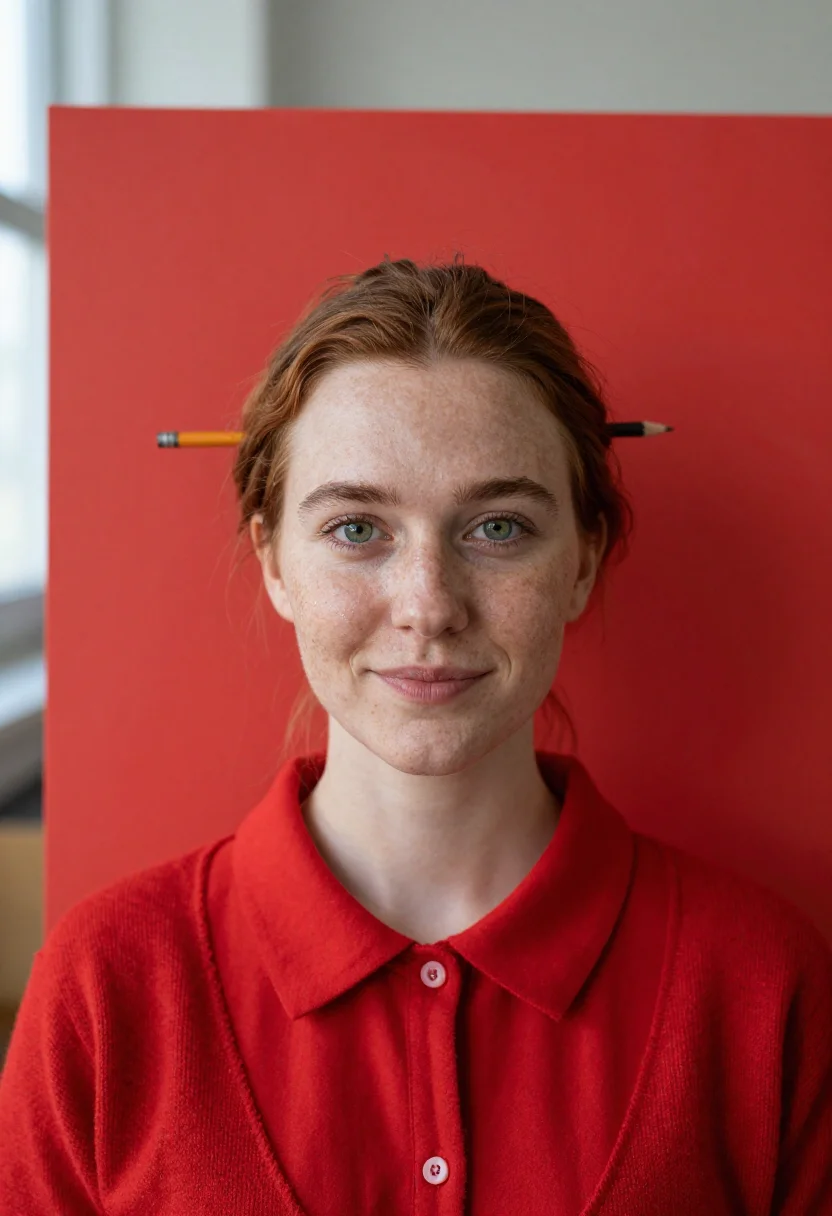 AI teacher red cardigan sample — portrait of a woman, head-and-shoulders portrait of a Wester