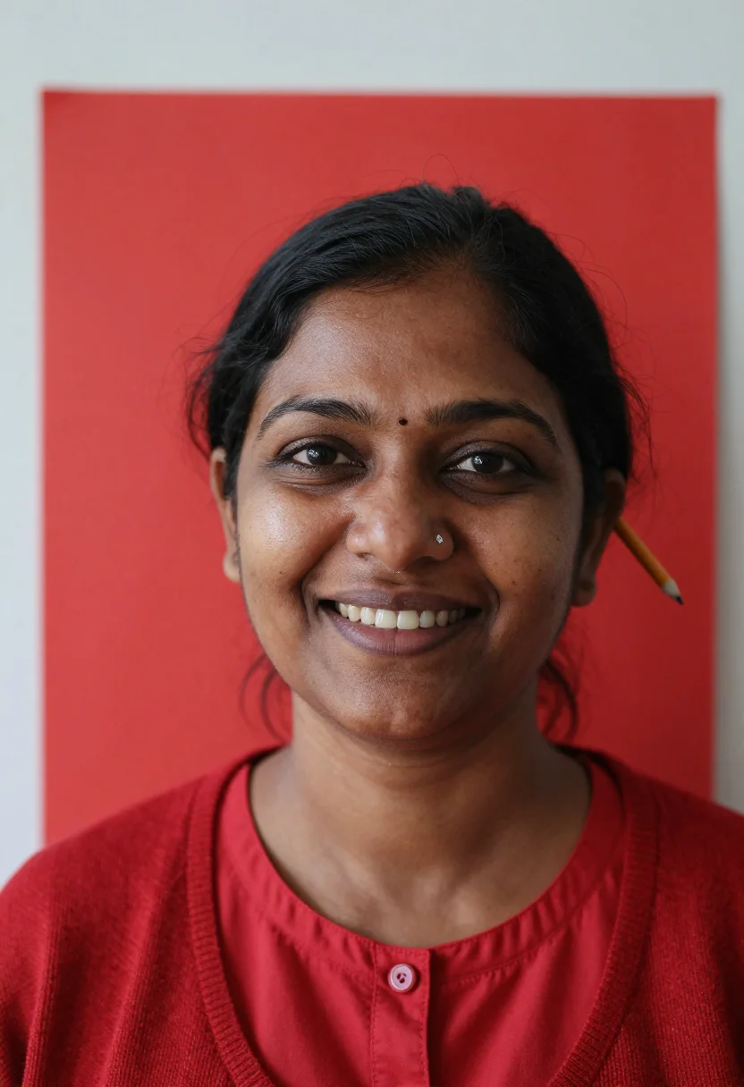 AI teacher red cardigan sample — portrait of a woman, tight headshot of an Indian British wom