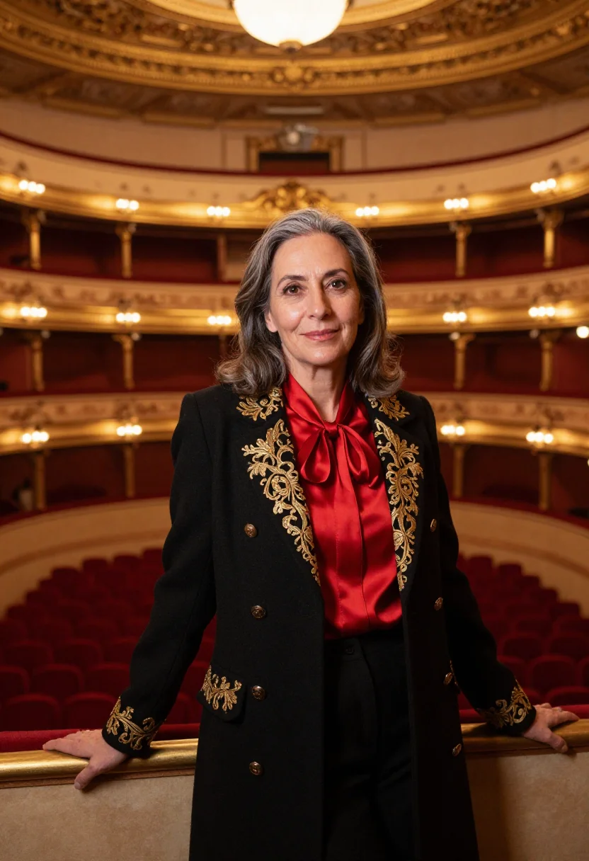 AI teatro colon director red gold sample — portrait of a woman, a Spanish opera director in her early f