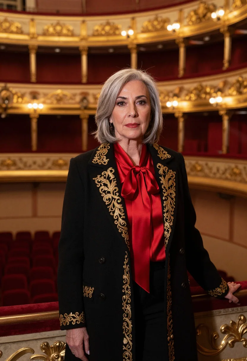 AI teatro colon director red gold sample — portrait of a woman, an Argentine opera director in her late