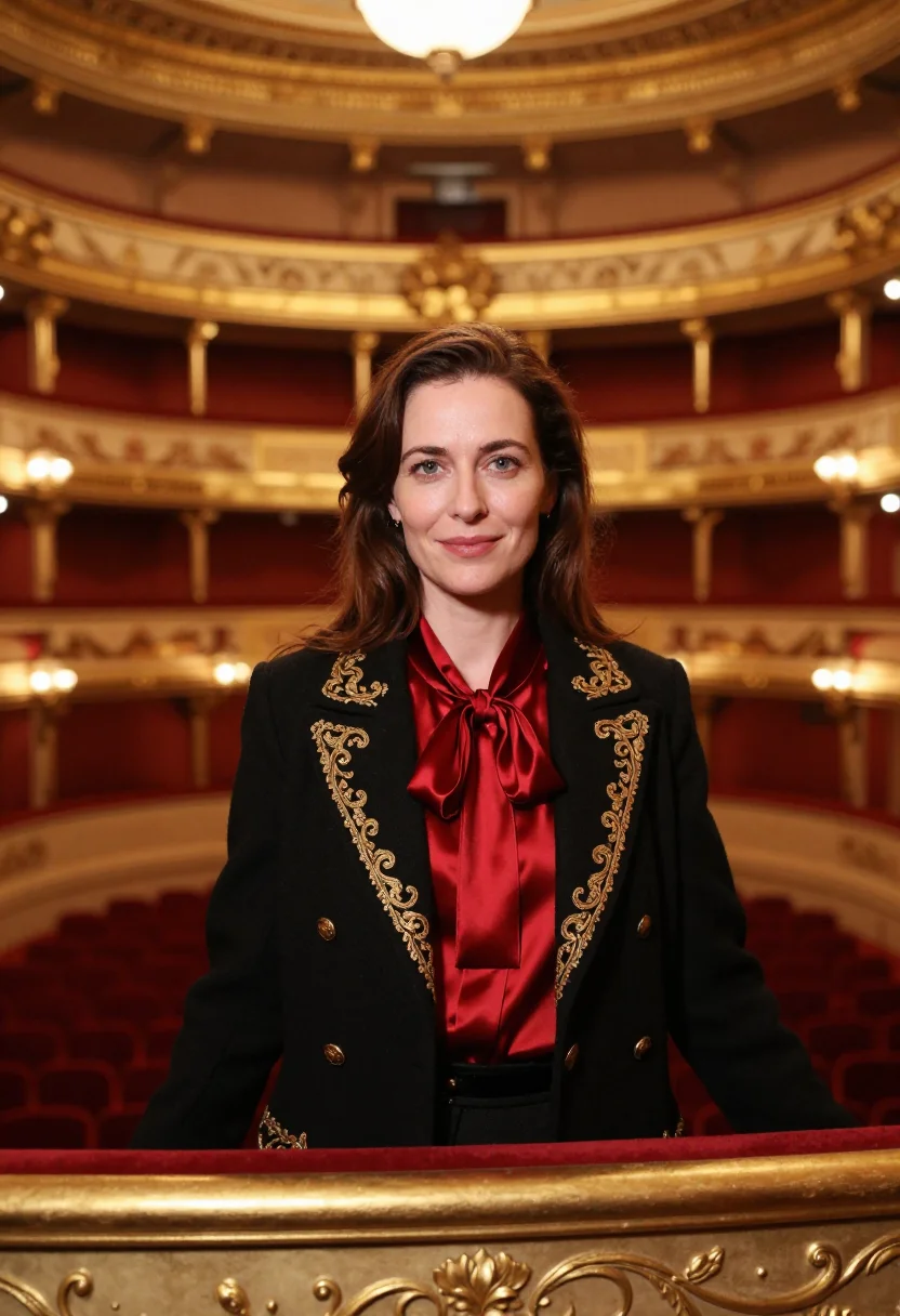 AI teatro colon director red gold sample — portrait of a woman, a French opera director in her mid-thir