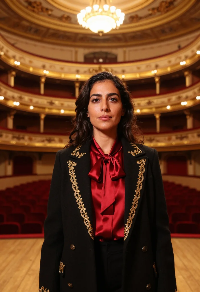 AI teatro colon director red gold sample — portrait of a woman, an Uruguayan opera director in her earl