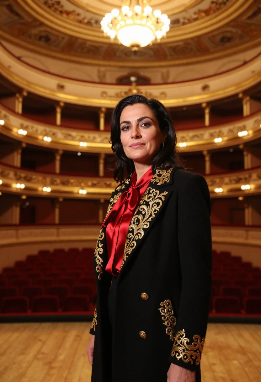 AI teatro colon director red gold sample — portrait of a woman, an Armenian-Argentine opera director in