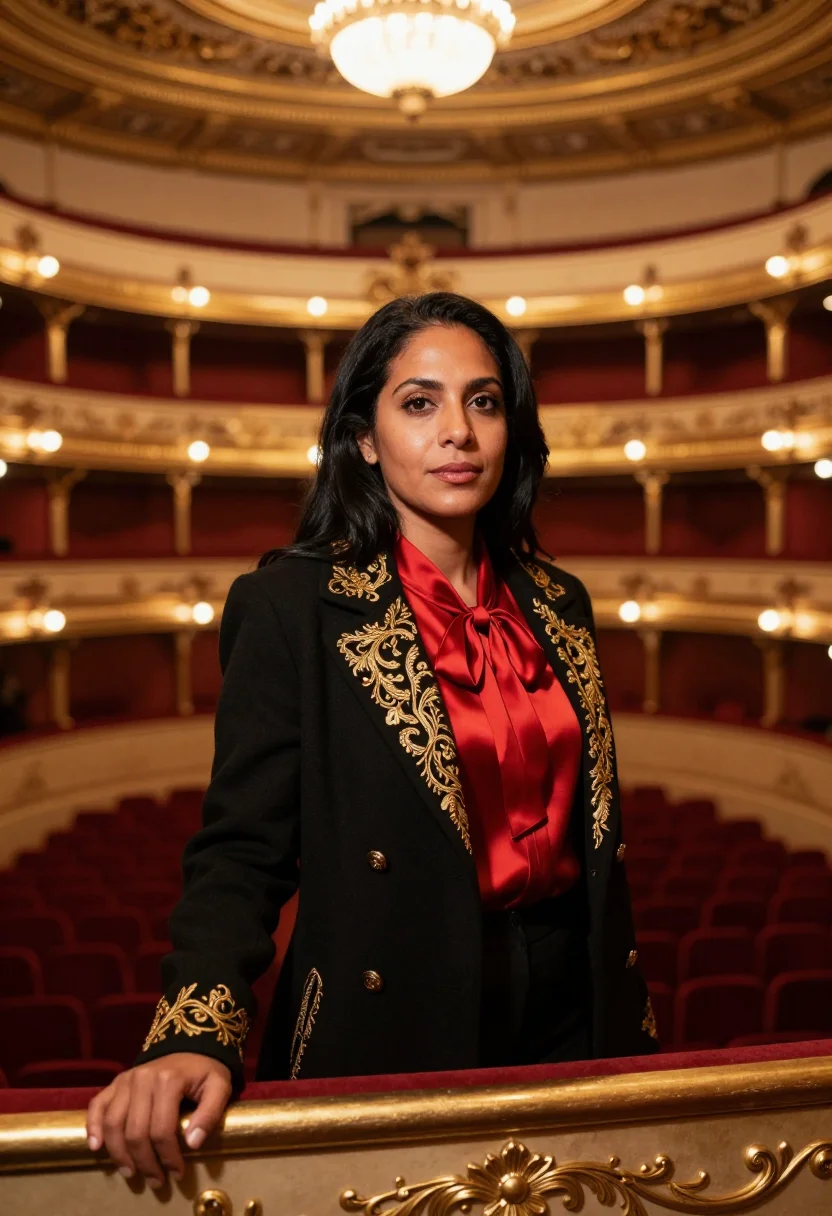 AI teatro colon director red gold sample — portrait of a woman, an Argentine opera director in her earl