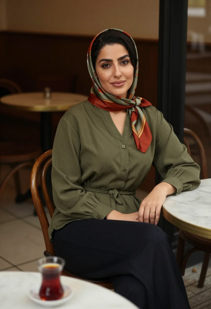 AI tehran manteau sample — portrait of a woman, seated three-quarter-length portrait of