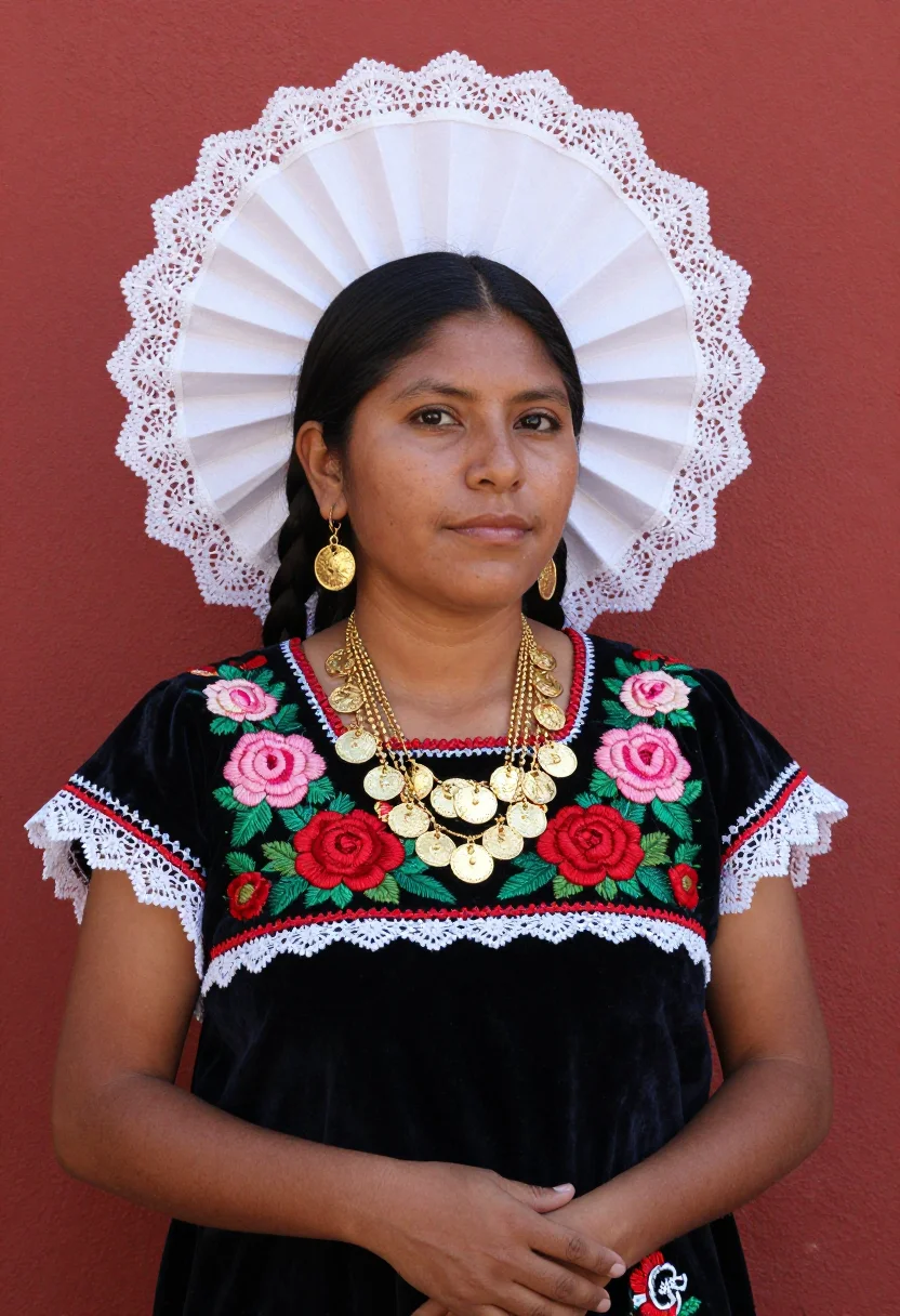 AI tehuana bride sample — portrait of a woman, waist-up portrait of a Zapotec woman fr
