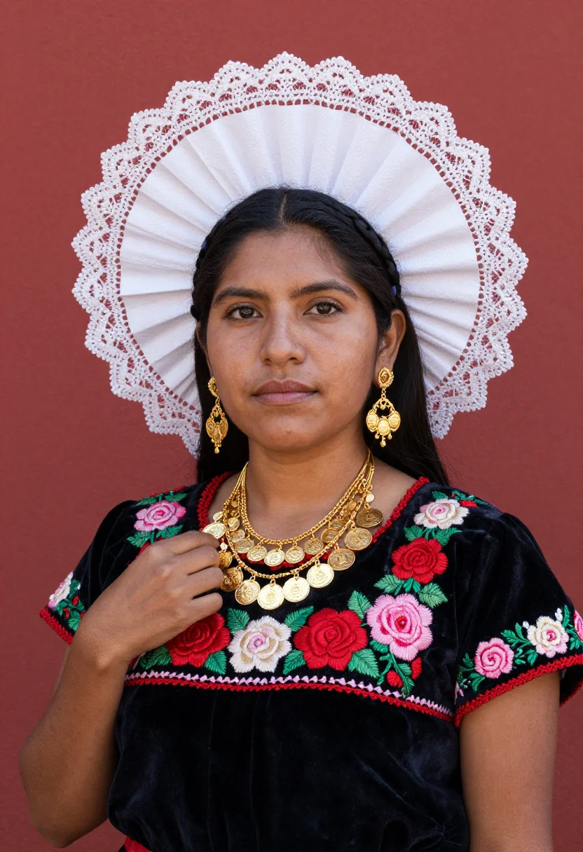 AI tehuana bride sample — portrait of a woman, chest-up portrait of a Zapotec woman fr
