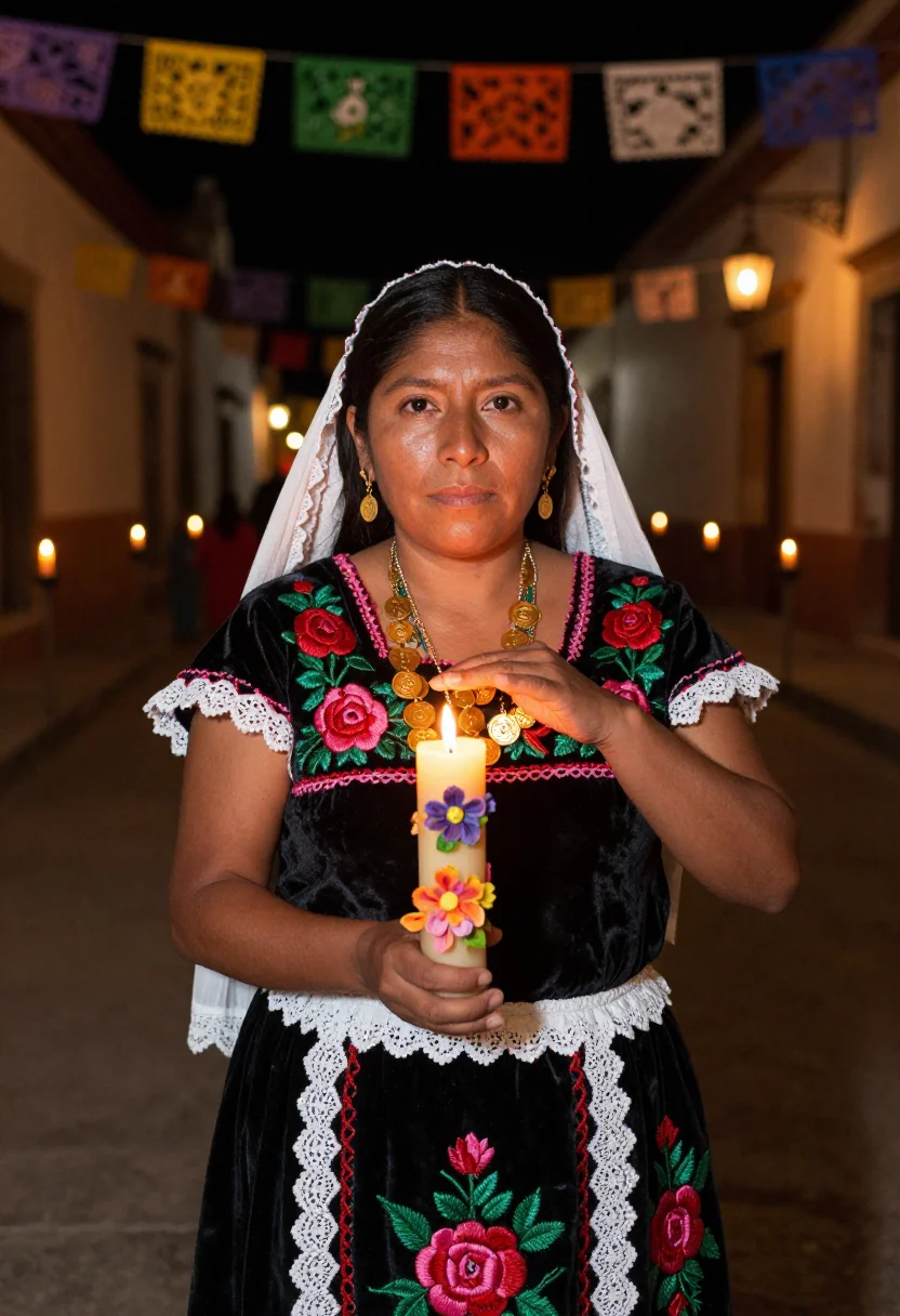 AI tehuana bride sample — portrait of a woman, chest-up portrait of a Zapotec woman fr