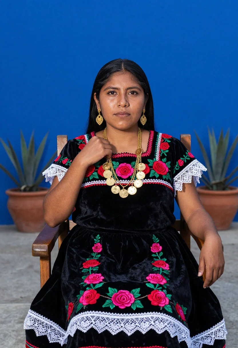 AI tehuana bride sample — portrait of a woman, chest-up portrait of a Zapotec woman fr