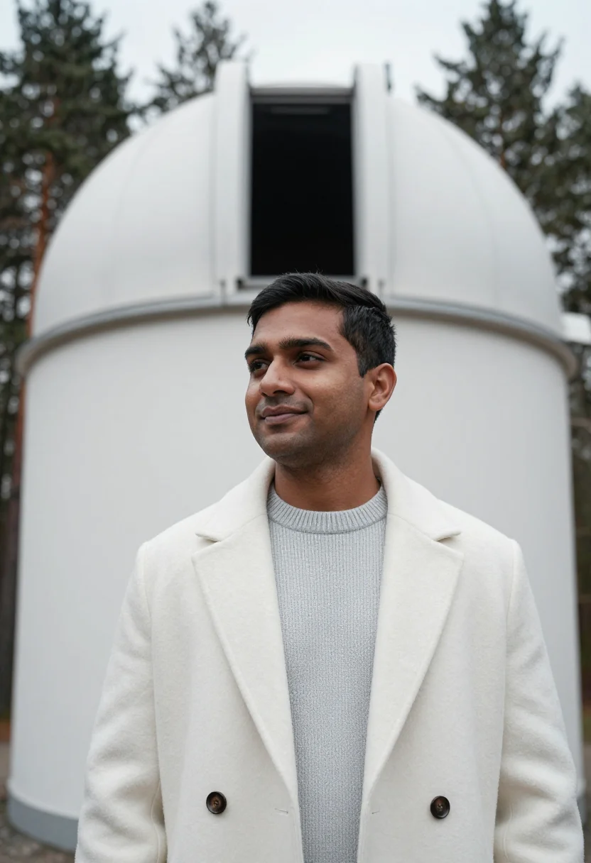 AI telegrafenberg astrophysicist tower white sample — portrait of a man, chest-up portrait of a South-Asian man in