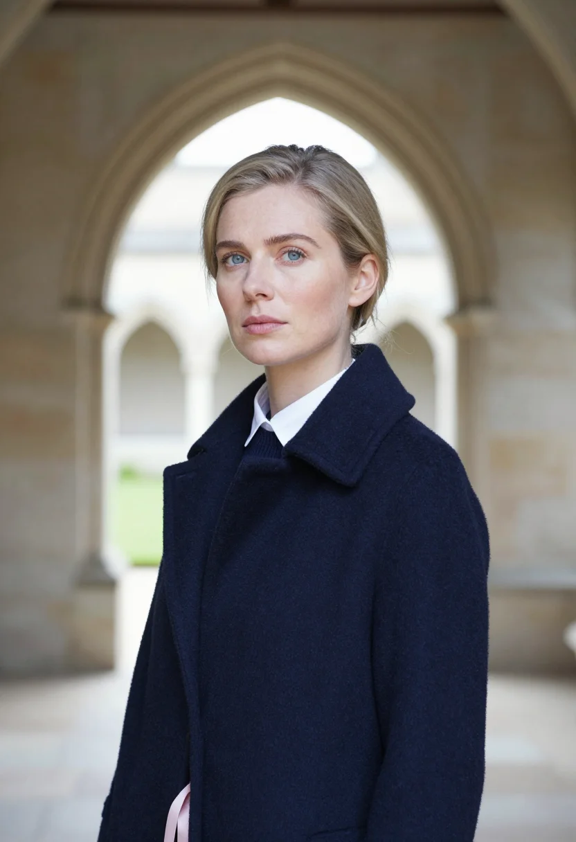 AI temple frost navy sample — portrait of a woman, head-and-shoulders portrait of a Wester