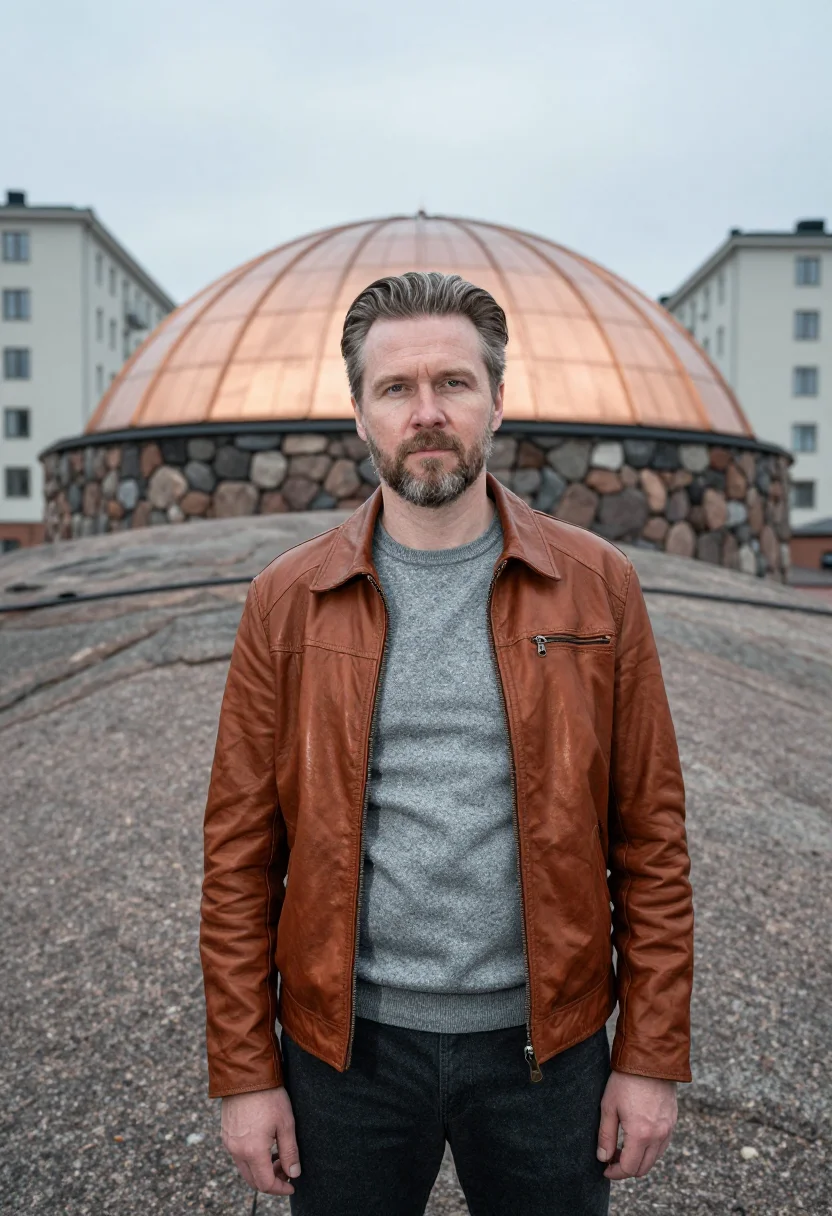 AI temppeliaukio architect copper granite sample — portrait of a man, an architect in his fifties of Karelian d
