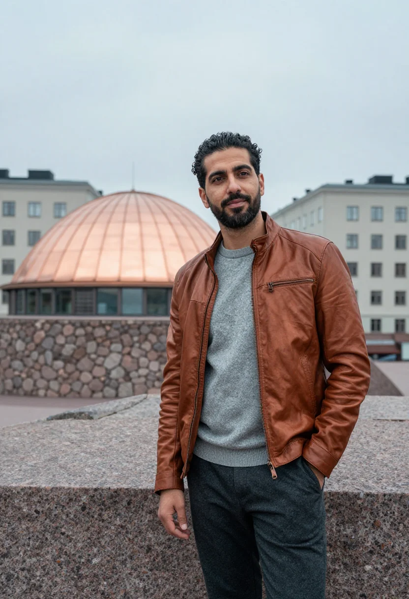AI temppeliaukio architect copper granite sample — portrait of a man, an architect in his forties of Lebanese d