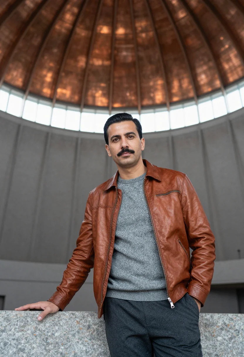 AI temppeliaukio architect copper granite sample — portrait of a man, an architect in his forties of Turkish de