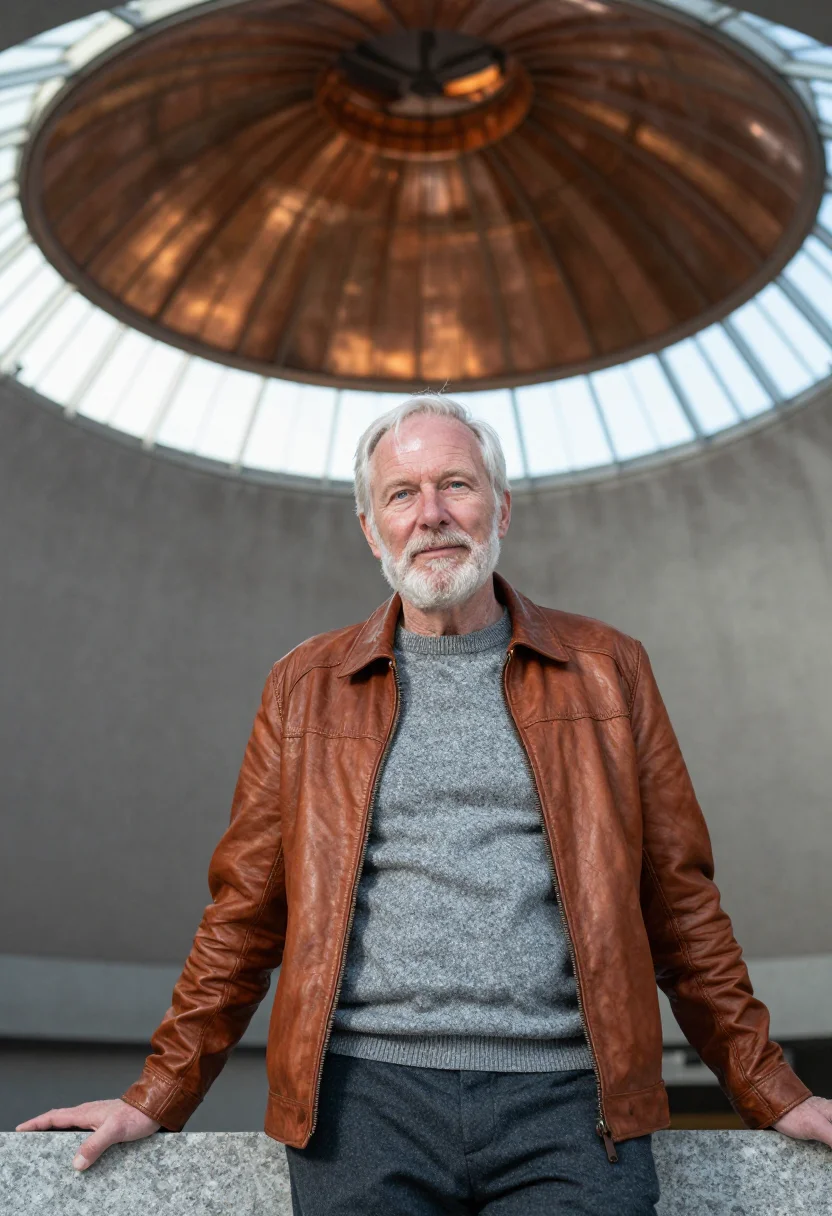 AI temppeliaukio architect copper granite sample — portrait of a man, an architect in his sixties of Finnish de