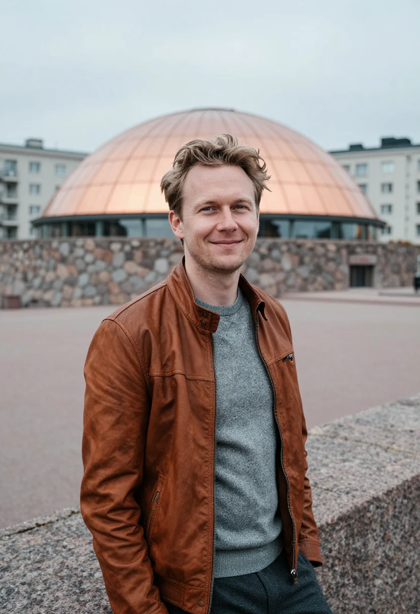AI temppeliaukio architect copper granite sample — portrait of a man, an architect in his thirties of Swedish d