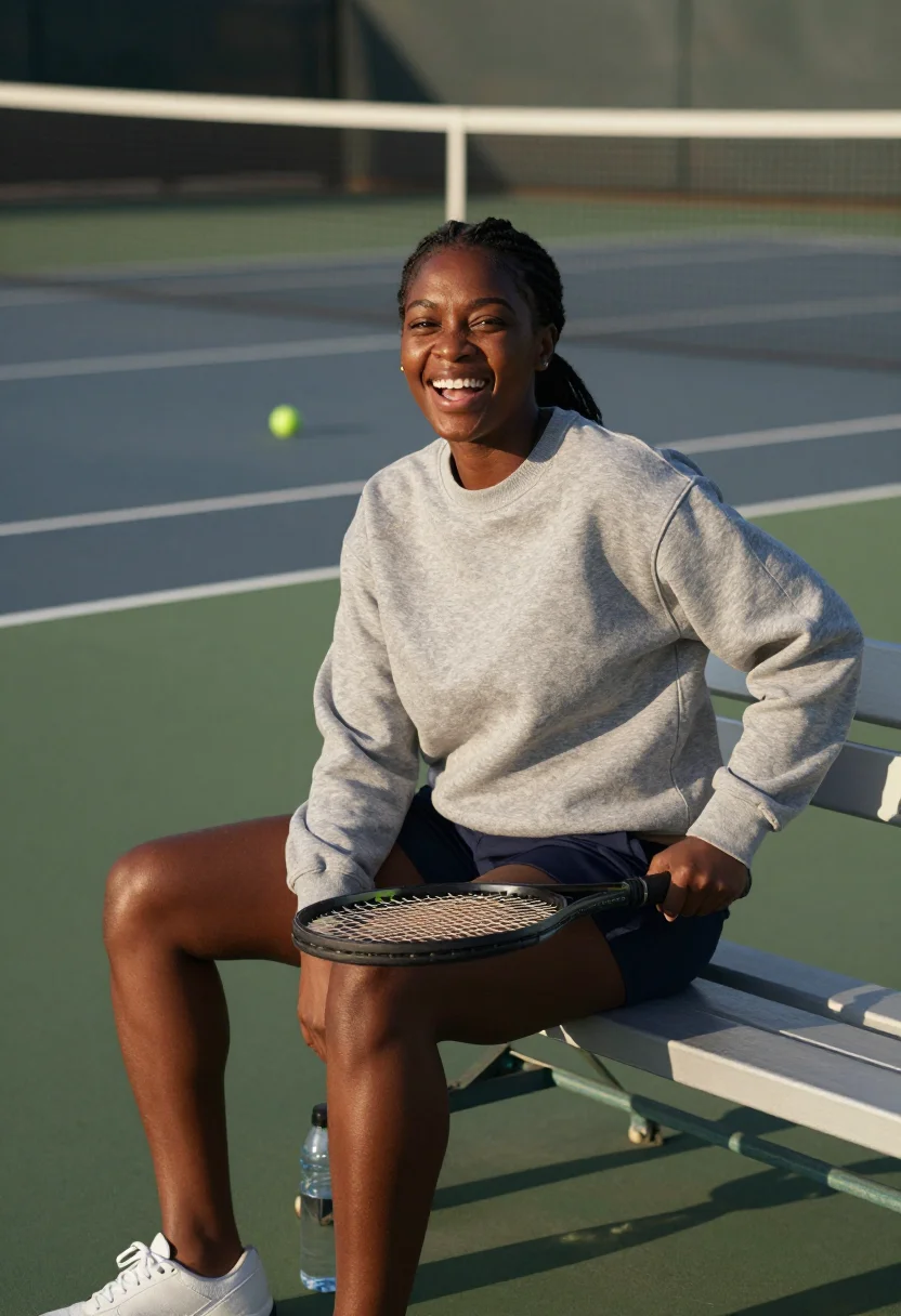 AI tennis sunday sample — candid photograph of a woman, early thirties and of Nigerian