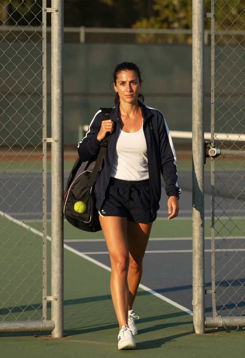 AI tennis sunday sample — candid photograph of a woman, late twenties and of Greek anc