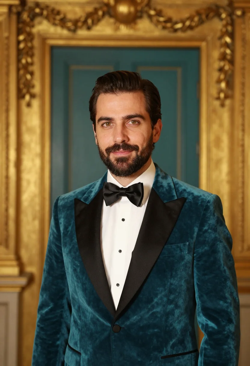 AI tenor la fenice teal gold sample — portrait of a man, head-and-shoulders portrait of a tenor, a