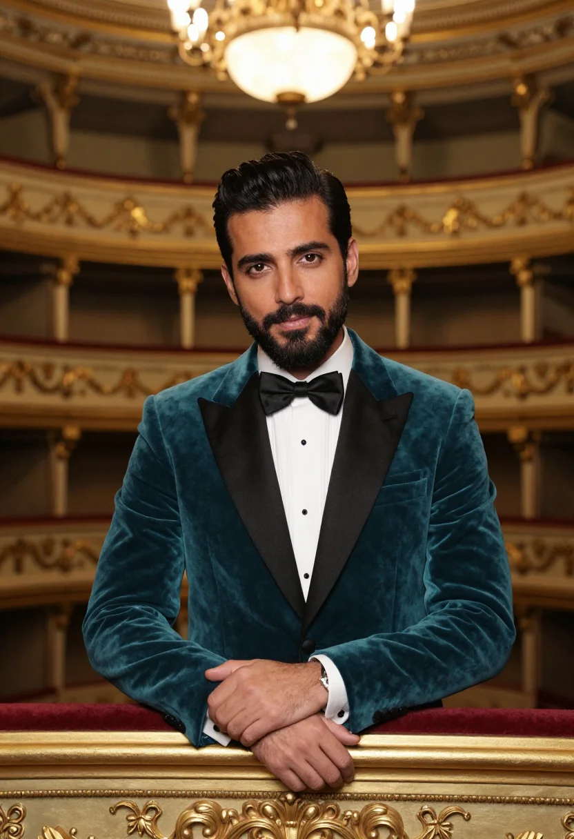 AI tenor la fenice teal gold sample — portrait of a man, chest-up portrait of a tenor, an Italian