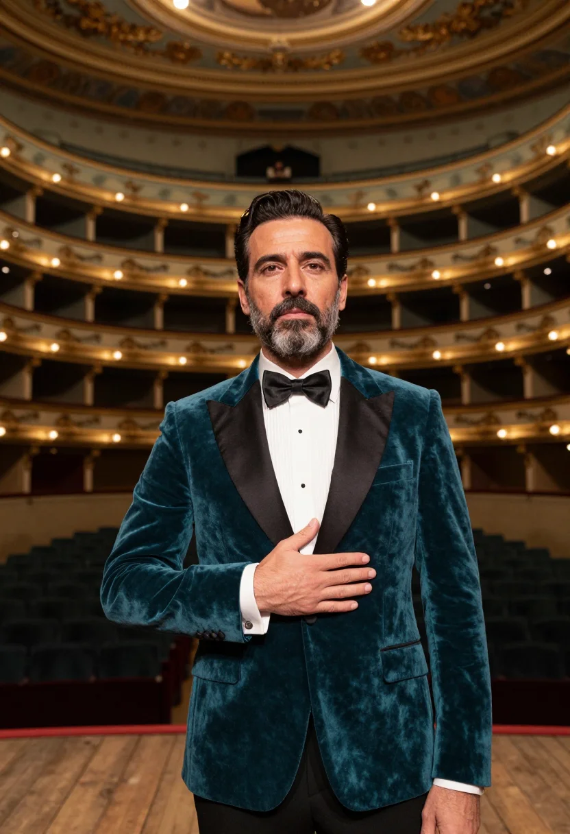 AI tenor la fenice teal gold sample — portrait of a man, chest-up portrait of a tenor, an Italian