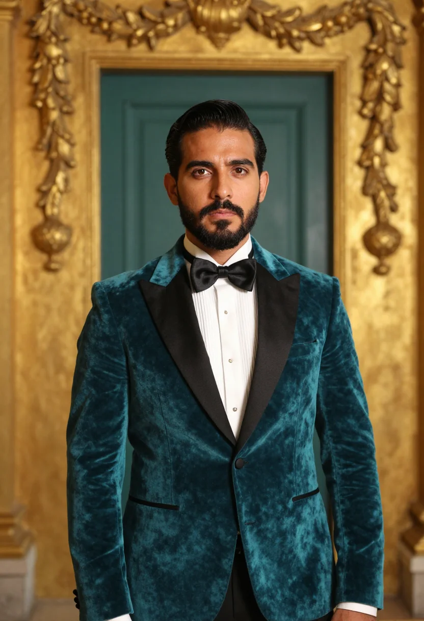 AI tenor la fenice teal gold sample — portrait of a man, chest-up portrait of a tenor, a Mexican m