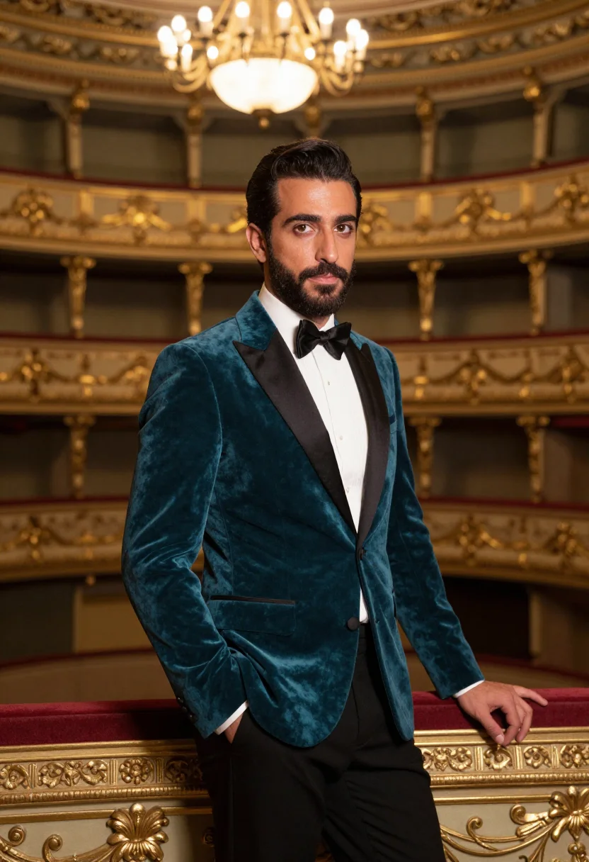AI tenor la fenice teal gold sample — portrait of a man, half-length portrait of a tenor, a Spanis