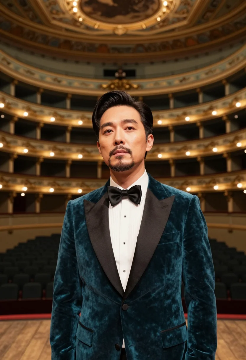 AI tenor la fenice teal gold sample — portrait of a man, head-and-shoulders portrait of a tenor, a