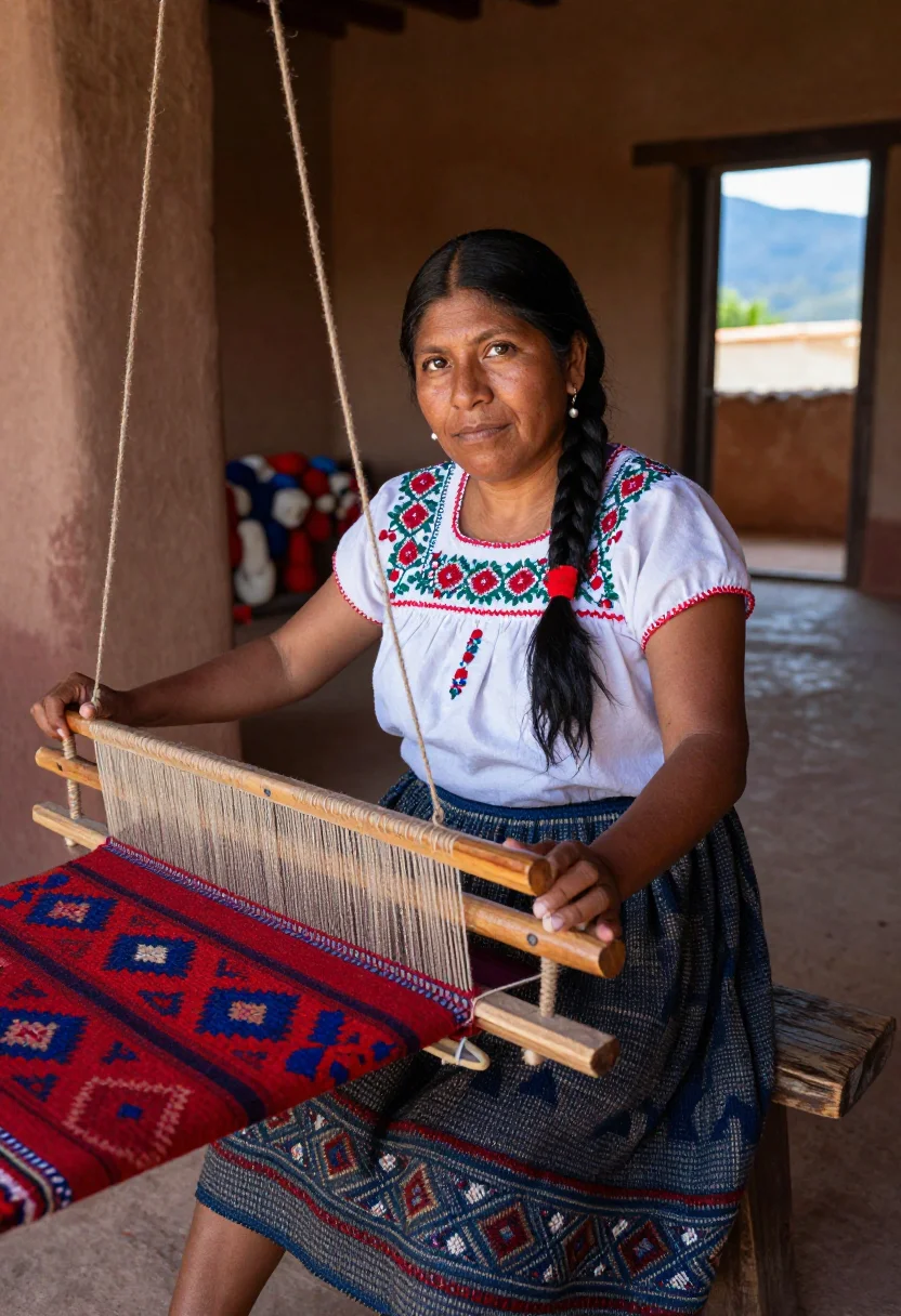 AI teotitlan loom sample — portrait of a woman, half-length portrait of a Zapotec woman