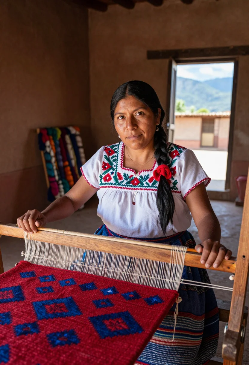 AI teotitlan loom sample — portrait of a woman, chest-up portrait of a Zapotec woman fr