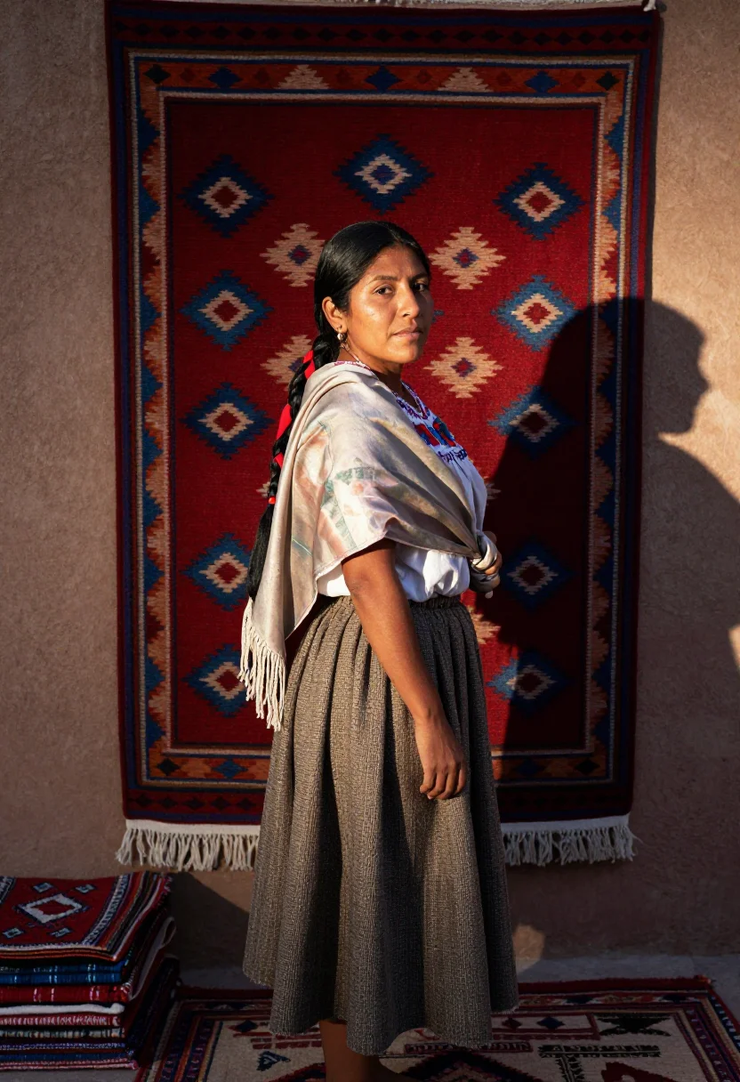 AI teotitlan loom sample — portrait of a woman, half-length portrait of a Zapotec woman