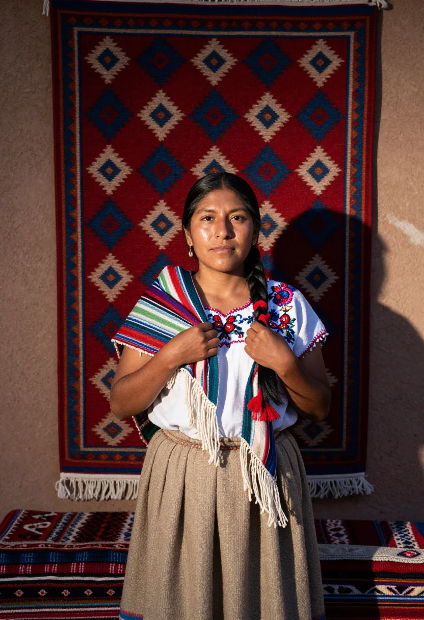 AI teotitlan loom sample — portrait of a woman, chest-up portrait of a Zapotec woman fr