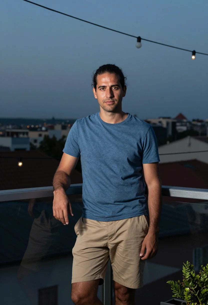 AI terrace evening sample — portrait of a man, head-to-thigh portrait of a Western-Europ