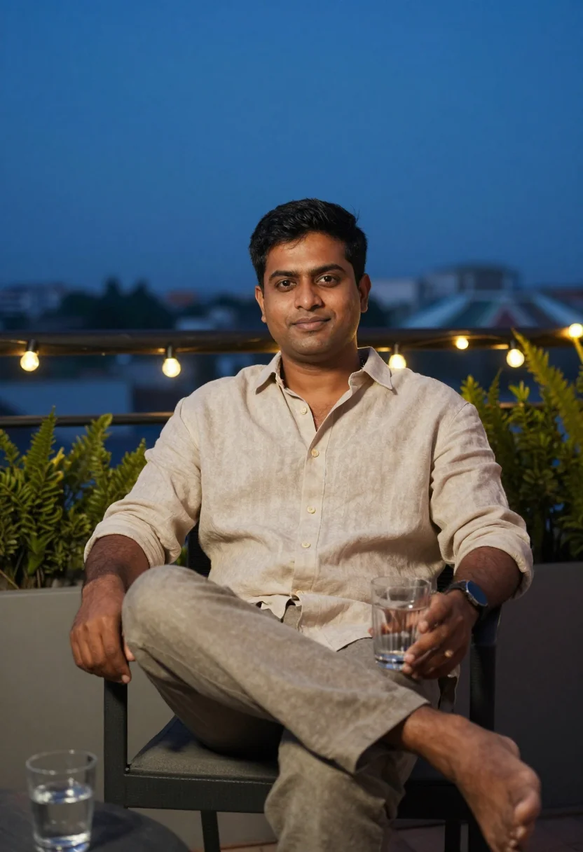 AI terrace evening sample — portrait of a man, head-to-knee portrait of a South-Asian ma