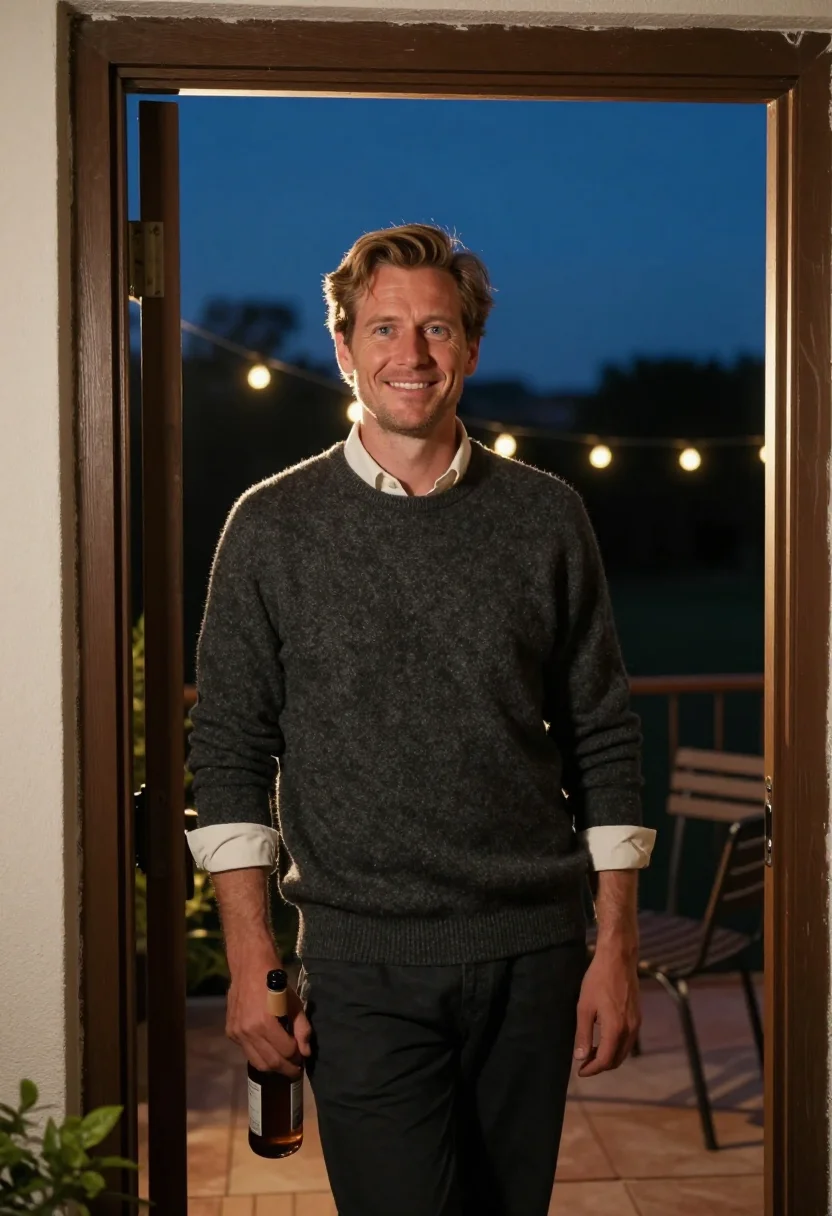 AI terrace evening sample — portrait of a man, head-to-thigh portrait of a Western-Europ