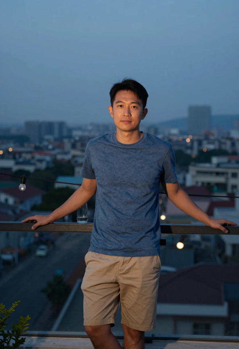 AI terrace evening sample — portrait of a man, half-length portrait of an East-Asian man