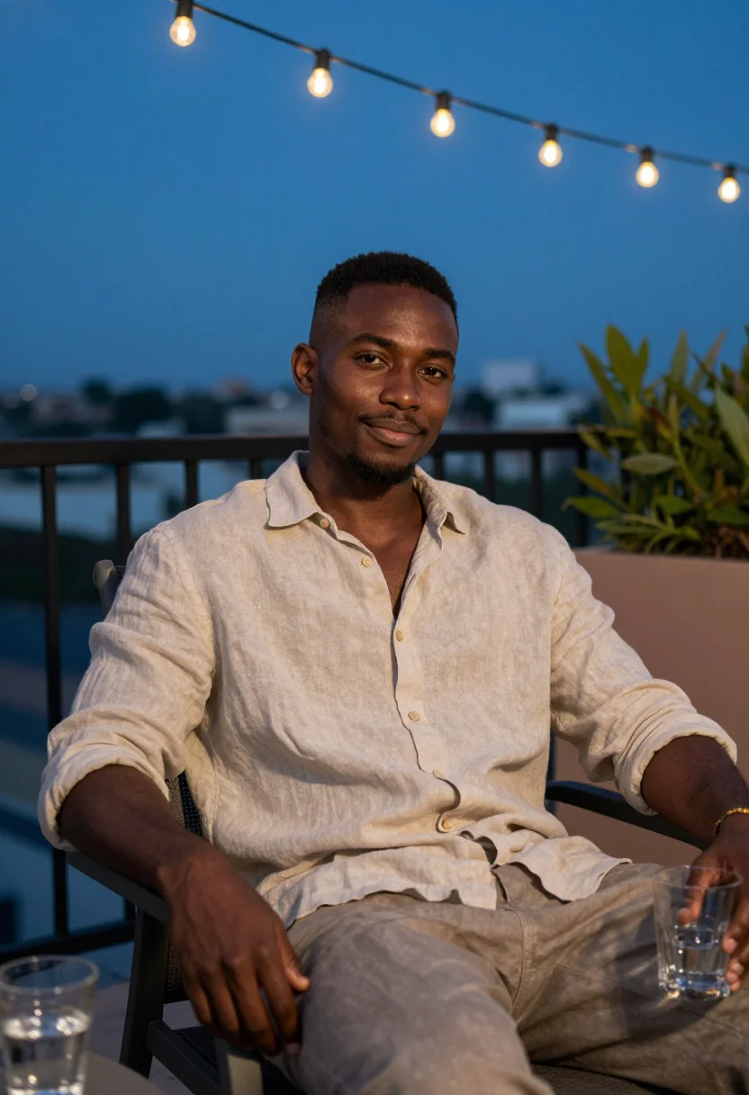 AI terrace evening sample — portrait of a man, close chest-up portrait of a Black man wi