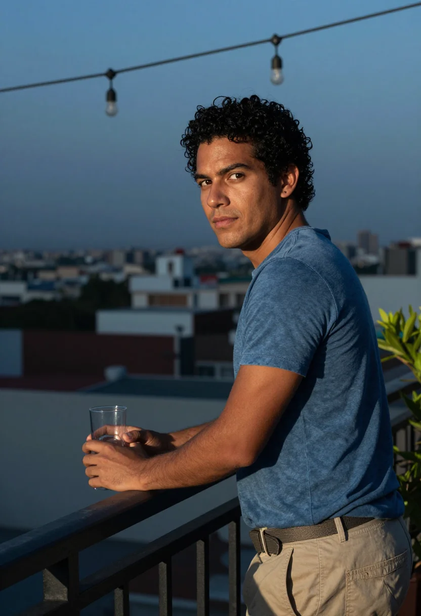 AI terrace evening sample — portrait of a man, close chest-up portrait of a Latin-Americ