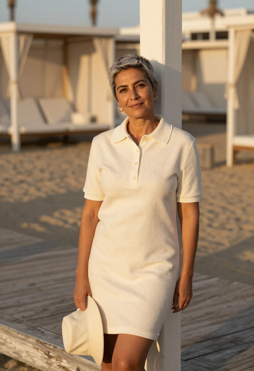 AI terrycloth riviera sample — portrait of a woman, a woman in her forties with olive skin,