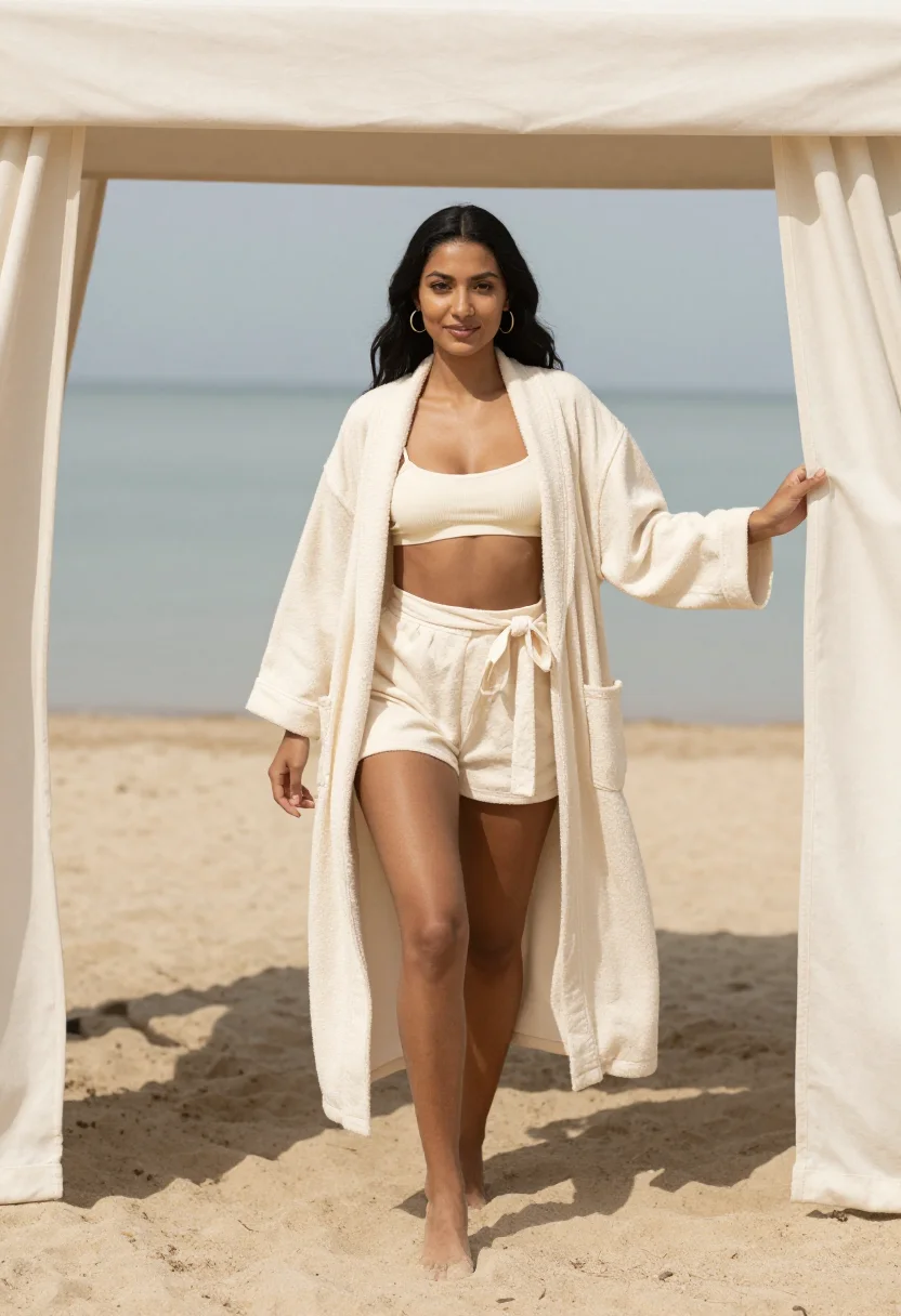 AI terrycloth riviera sample — portrait of a woman, a woman in her late twenties with warm