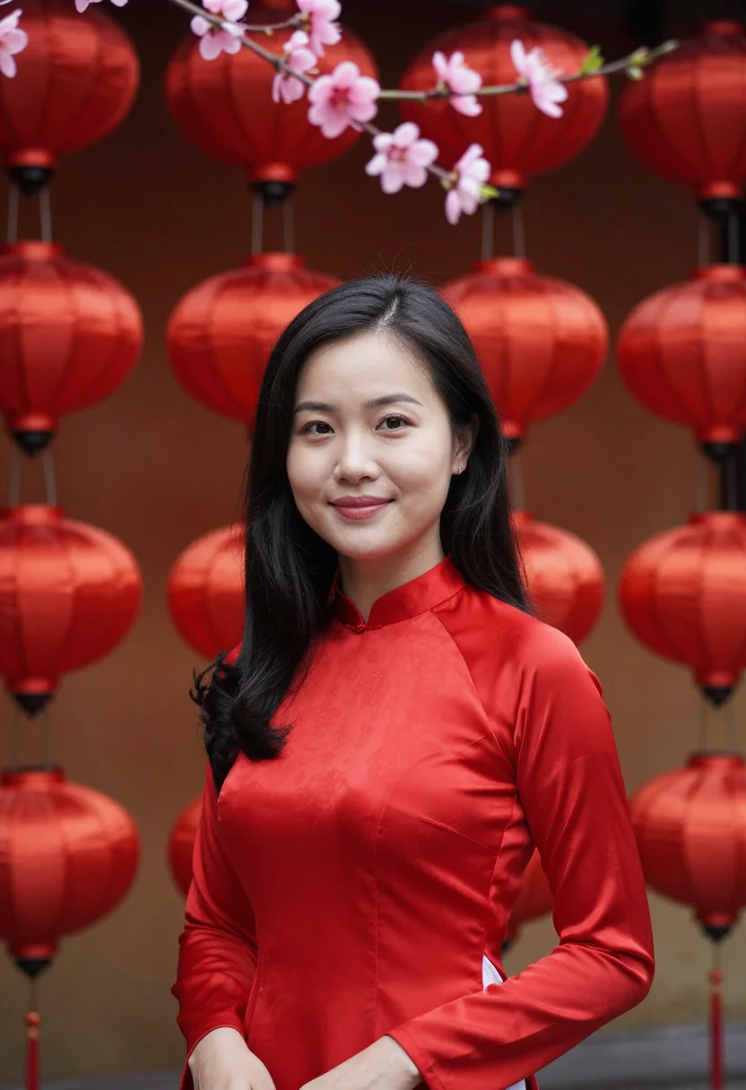 AI tet hanoi peach blossom sample — portrait of a woman, framed tight, head and shoulders, the b