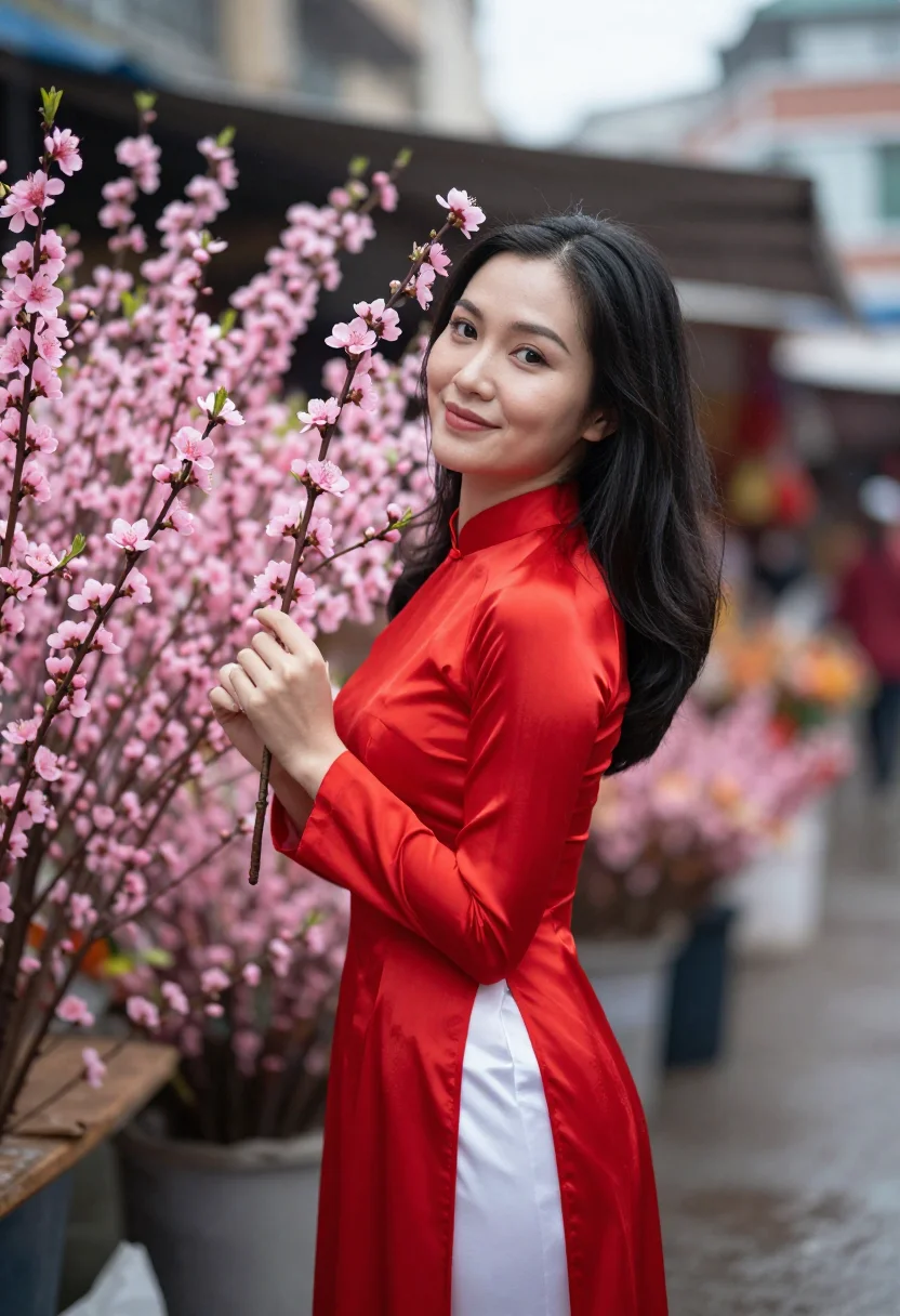 AI tet hanoi peach blossom sample — portrait of a woman, framed chest-up, the crop at the lower