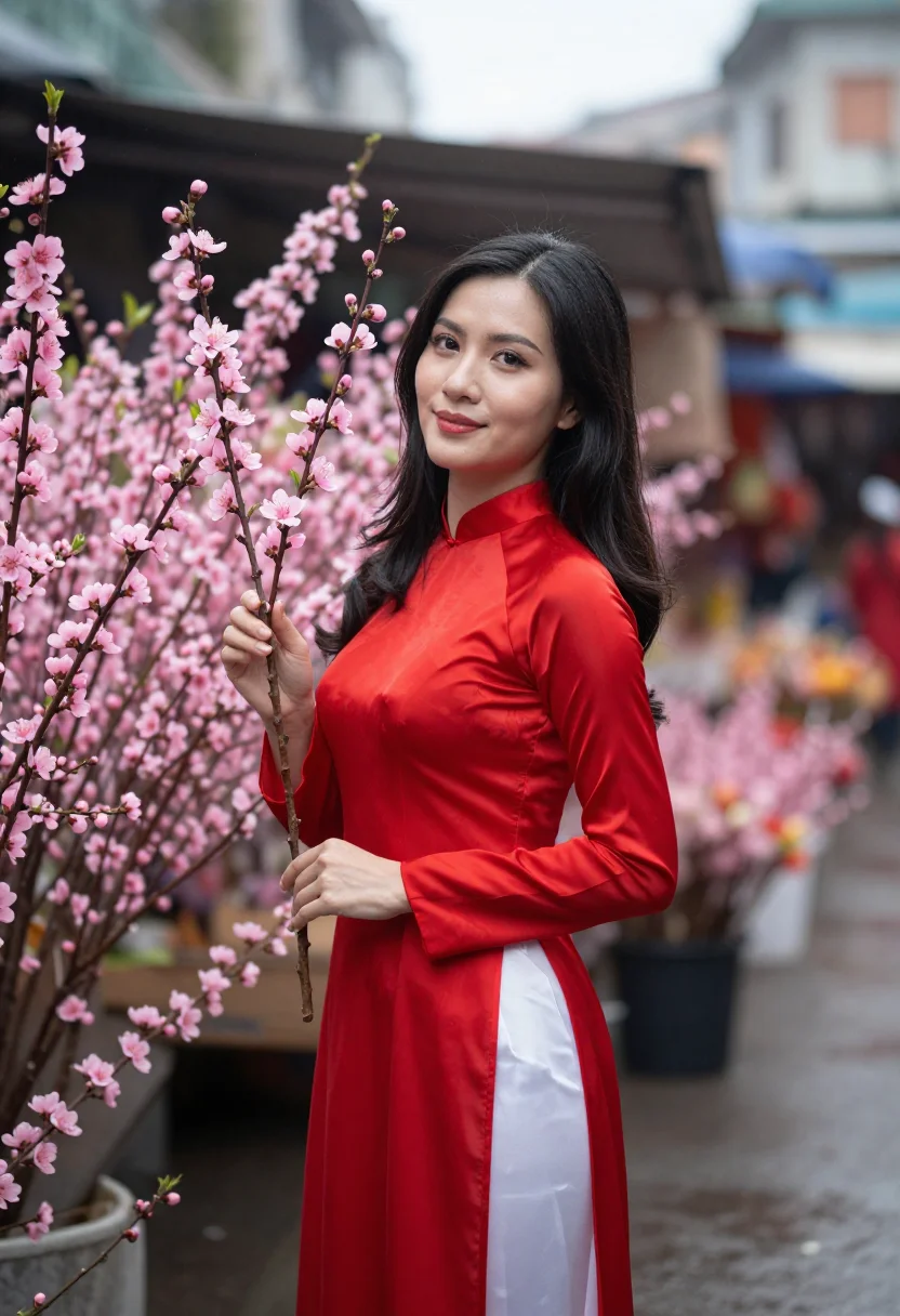 AI tet hanoi peach blossom sample — portrait of a woman, framed half-length from the waist up, t