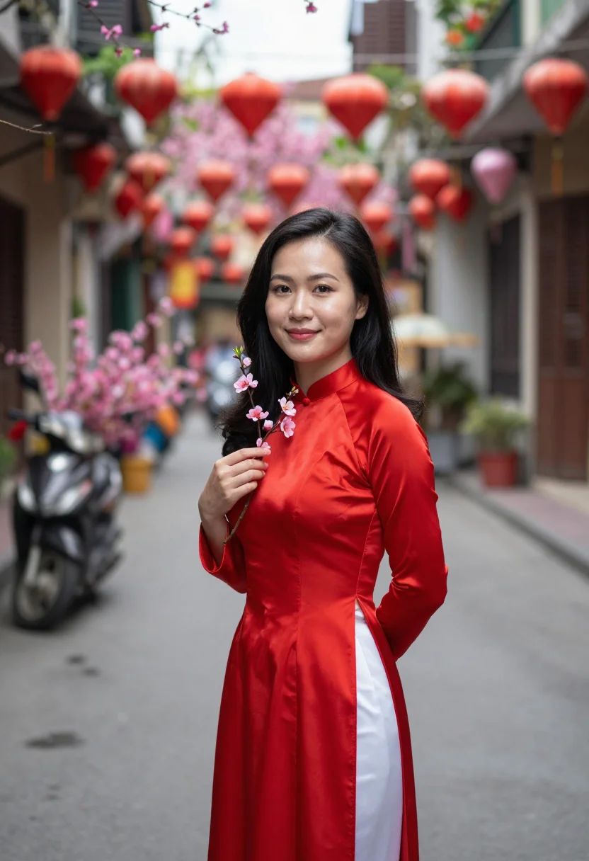 AI tet hanoi peach blossom sample — portrait of a woman, framed tight, head and shoulders, the b