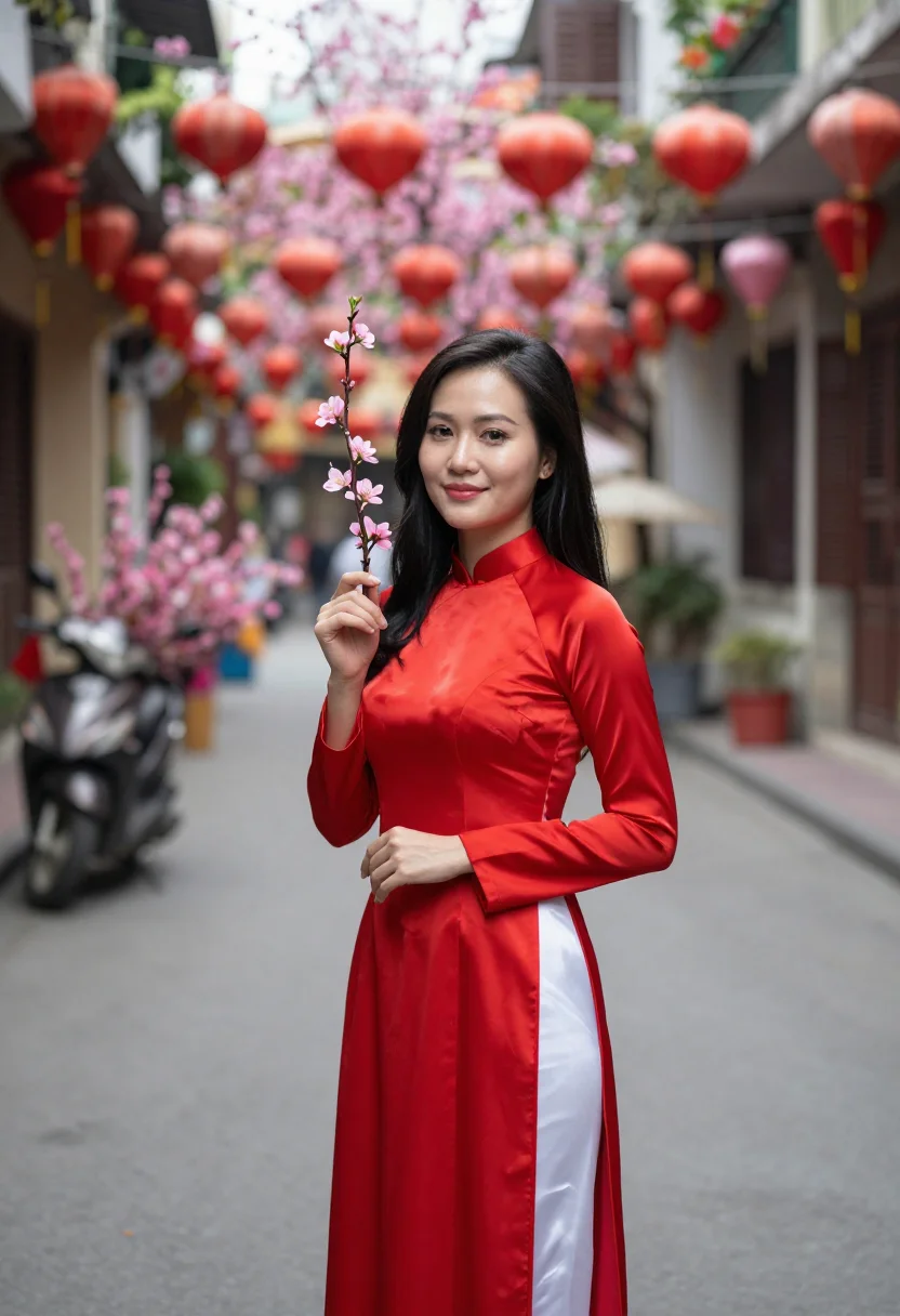 AI tet hanoi peach blossom sample — portrait of a woman, framed half-length from the waist up, t