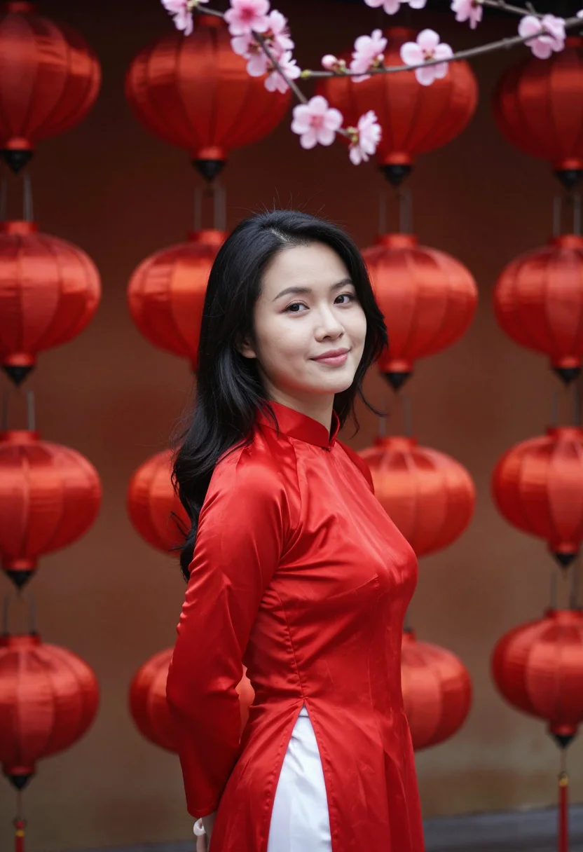 AI tet hanoi peach blossom sample — portrait of a woman, framed chest-up, the crop at the lower