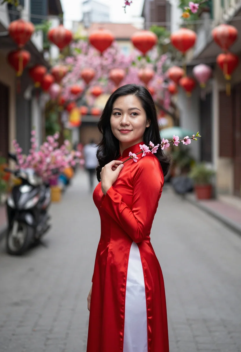 AI tet hanoi peach blossom sample — portrait of a woman, framed chest-up, the crop at the lower