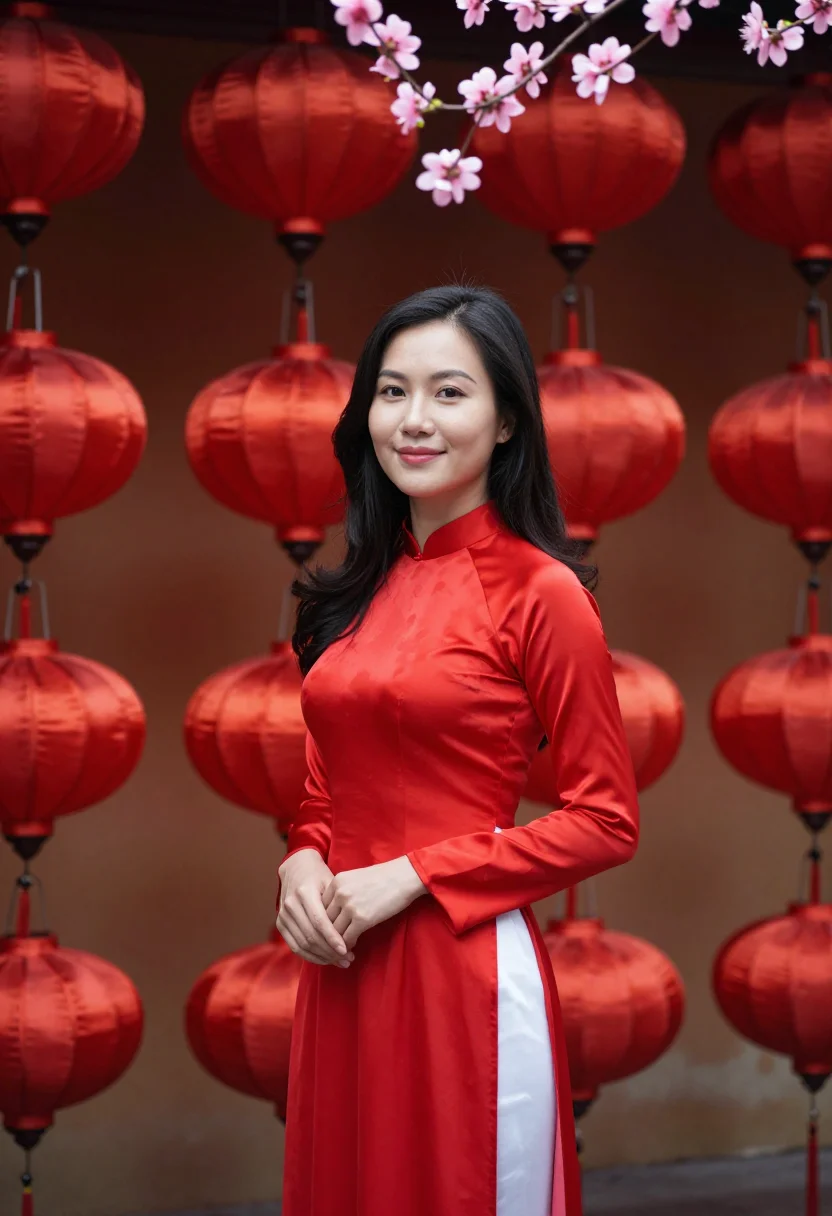 AI tet hanoi peach blossom sample — portrait of a woman, framed half-length from the waist up, t