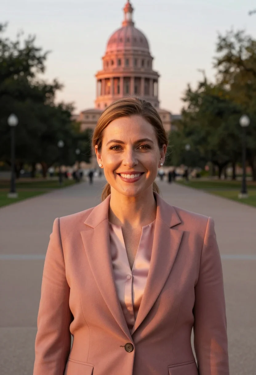AI texas capitol candidate sunset granite sample — portrait of a woman, chest-up campaign portrait of a candida