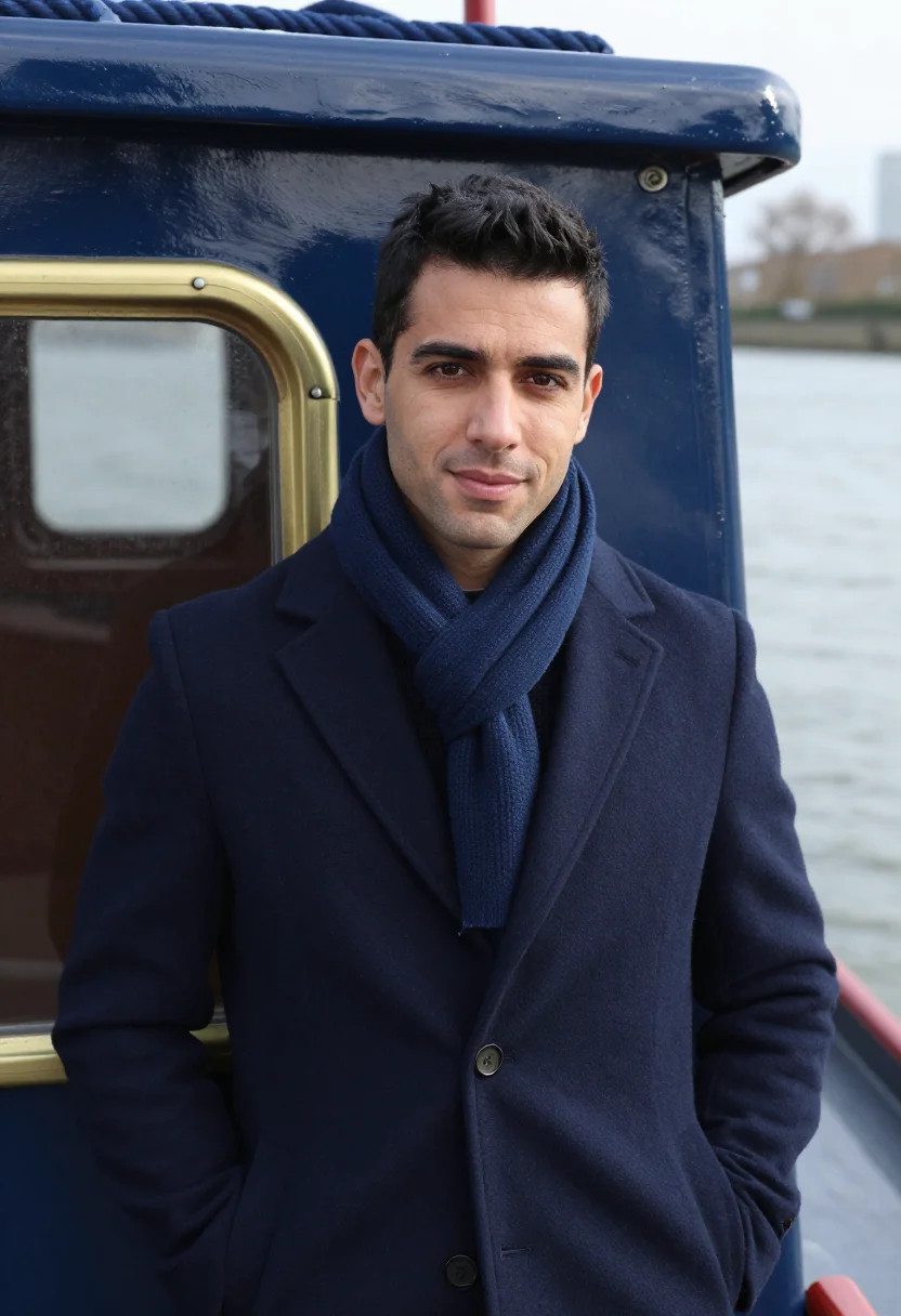 AI thames riverboat november navy sample — portrait of a man, framed chest-up, cropped at the ribs, the